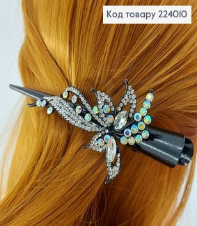 Заколка стрела металл черный цветочек с перламутровыми камнями 13,5 см 224010 фото