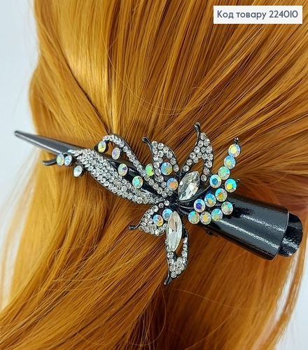 Заколка стрела металл черный цветочек с перламутровыми камнями 13,5 см 224010 фото 1