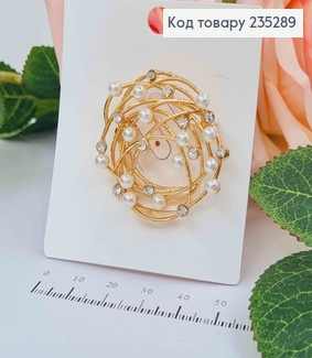 Брошь Клубочек золотого цвета с бусинками, диаметр 4см 235289 фото