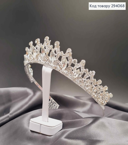 Тиара под серебро, "Английская роскошь" с белыми камешками. 294068 фото 1