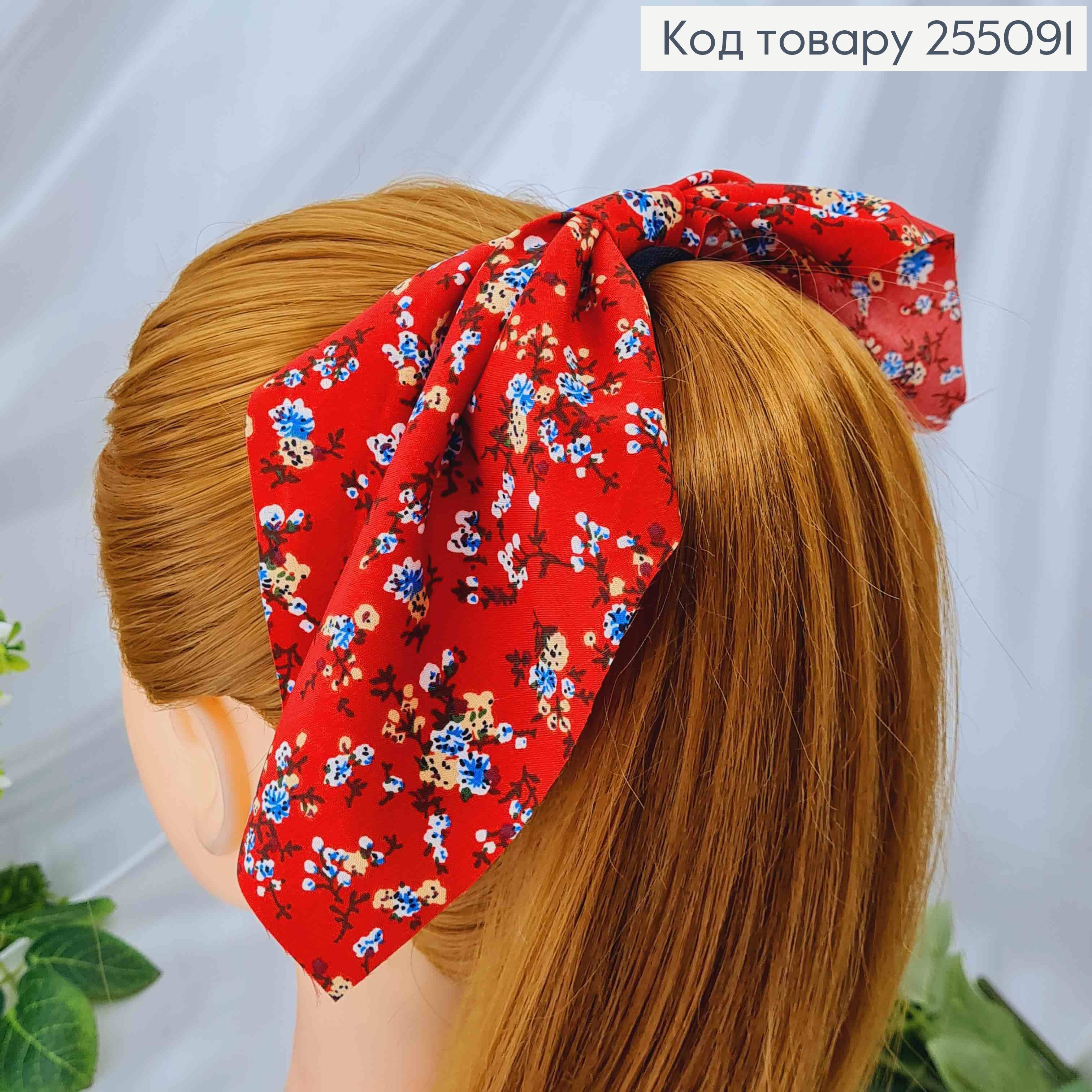 Резинка 5см, Твилли с бантиком, Красного цвета, с цветочным принтом, дл. 255091 фото 2