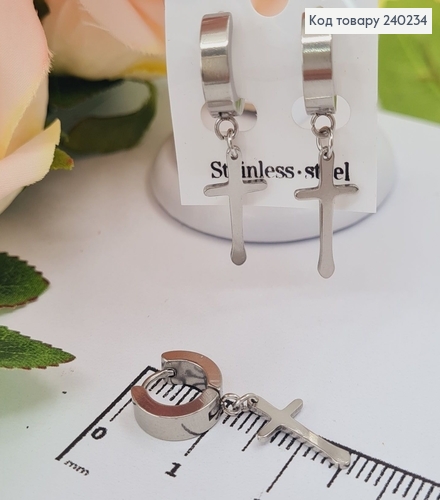 Сережки кільця  1,2см Хрестики срібного кольору 1,8*1см, Stainless Steel  240234 фото 1