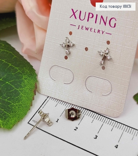 Серьги родованые, Гвоздики Крестики с камешками, 6мм, Xuping 181131 фото 1