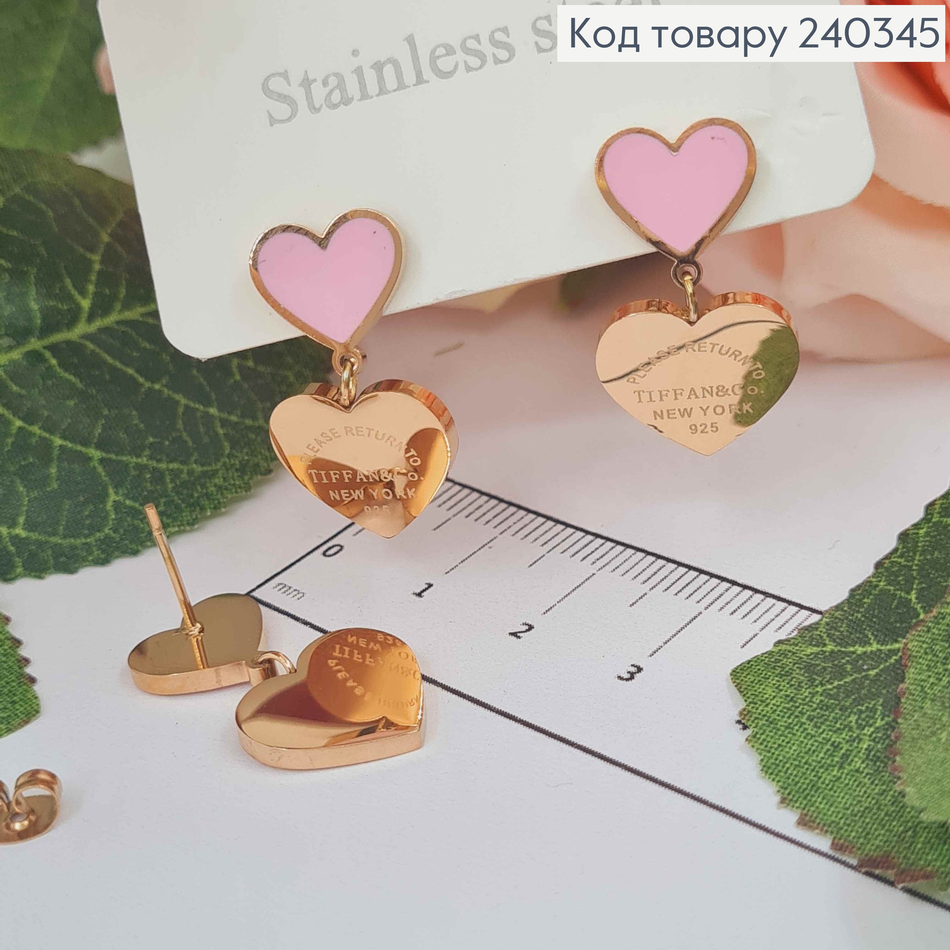 Серьги гвоздики, с подвесками сердечками, с розовой эмалью, золотого цвета, сталь Stainless Steel 240345 фото 2
