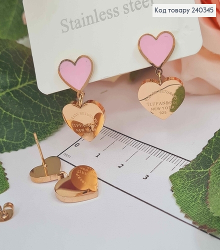 Серьги гвоздики, с подвесками сердечками, с розовой эмалью, золотого цвета, сталь Stainless Steel 240345 фото 2