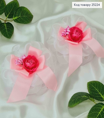 Бант на резинці, Рожевого кольору з квіткою та атласной рожевою лентою, 10см 25224 фото 1