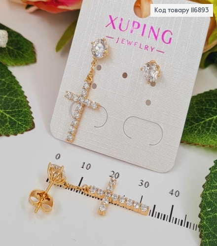 Серьги гвоздики, С камешками 5мм и подвеской крестиком 2см, в камнях, (асимметричные) Xuping 18K 116893 фото 1