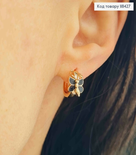 Серьги кольца "Бабочка" с Черной эмалью, диаметр 1,2см, Xuping 18К 118427 фото 2