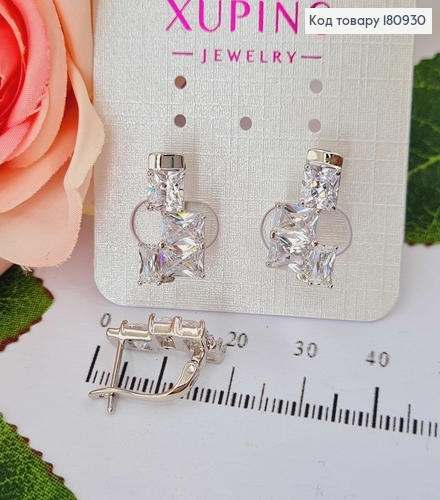 Серьги родованные "Тетрис" с квадратными белыми камешками Xuping  180930 фото 1