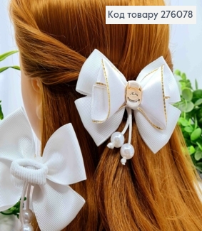 Бант БЕЛОГО цвета с Брошью и Бусинками, на резинке, ткань репс+атлас, 9см, ручная работа 276078 фото