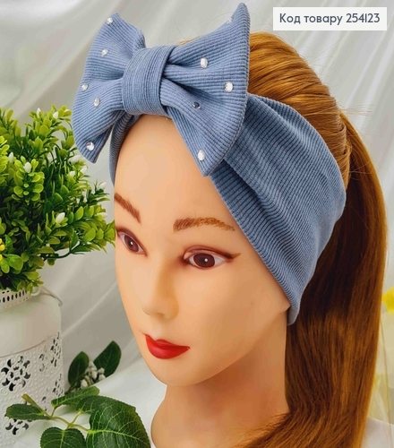 Пов"язка дитяча подвійний бант з камінцями СИЗИЙ, ручна робота, Україна 275080 фото 1