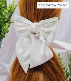 Бант БЕЛОГО цвета со стразами, на шпильке автоматик, ткань атлас, размер 15*17см 251075 фото
