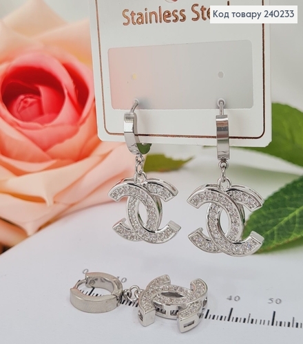 Сережки родированые кольца Chanel с камнями, 3,5*2см, Stainless Steel 240233 фото 2