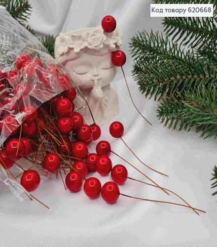 Декор Новогодний, "Ягодка Рябины" (100шт/уп), КРАСНОГО цвета, 1,5см+6,5см 620668 фото 1