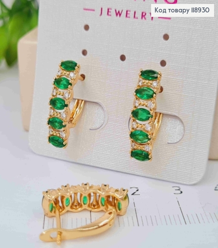 Серьги "Орбита" украшены Зелеными камешками, 1,8см, английская застежка, Xuping 18K 118930 фото 2