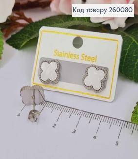 Серьги гвоздики, серебряного цвета, с Белой эмалью, "Van Cleef", 1,3см, сталь Stainless Steel 260080 фото