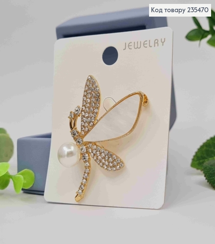Брошь "Стрекоза" с жемчужиной и камешками, размер 3*5см 235470 фото 2