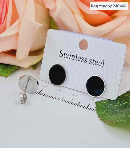 Серьги гвоздики, серебряного цвета, круглые с черной эмалью, сталь Stainless Steel 240446 фото 1