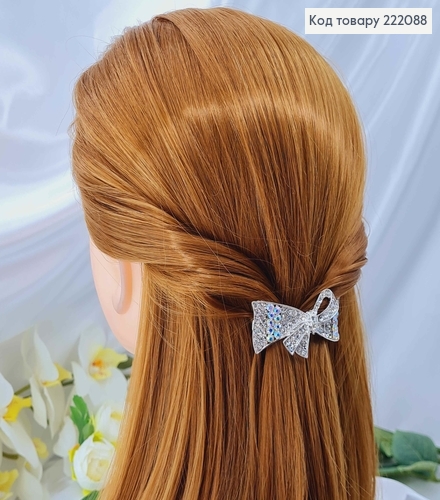 Заколка автомат металл 6*2,5см Бантик в камешках серебряного цвета 222088 фото 1
