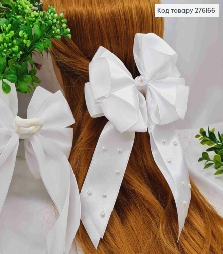 Бант атласний з бусинками, БІЛИЙ  на резинці, розмір 12*20см, ручна робота, Україна 276166 фото 1