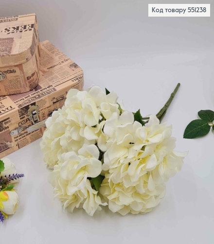 Штучні квіти. Гілка БІЛИХ гортензій (5пучків), висотою 46см, діаметр однєї квіточки 7см. 551238 фото 2