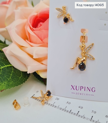 Набор Фея (черные камни): серьги гвоздики (1,5см) и кулон (2см)Xuping 18K 140615 фото 1