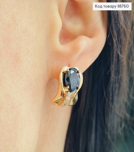 Серьги "Вечность" с Большим Черным камнем, 1,6см, английская застежка, Xuping 18K 118760 фото 2