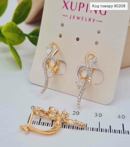 Сережки "Подих вітру" з Блискучими камінцями,  довжина 2,4см, англійська застібка, Xuping 18К 110208 фото 2