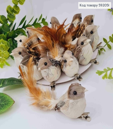 Флористическая заколка, Птичка пастельных цветов с перьями и Серой головой, 15см, в ассортименте 592051 фото 1