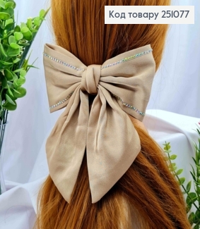 Бант ПУДРОВОГО кольору зі стразами, на заколці автоматик, тканина атлас, розмір 15*17см 251077 фото