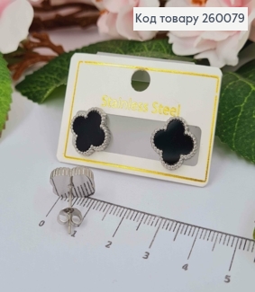 Серьги гвоздики, серебряного цвета, с черной эмалью, "Van Cleef", 1,3см, сталь Stainless Steel 260079 фото