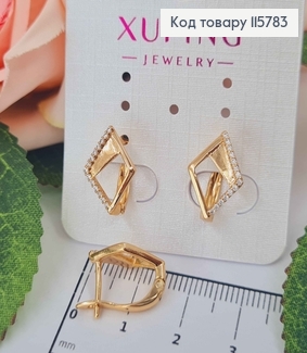 Серьги Ромбики, со вставкой и строчкой камешков, 1,5см, англ. зам. Xuping 18K 115783 фото