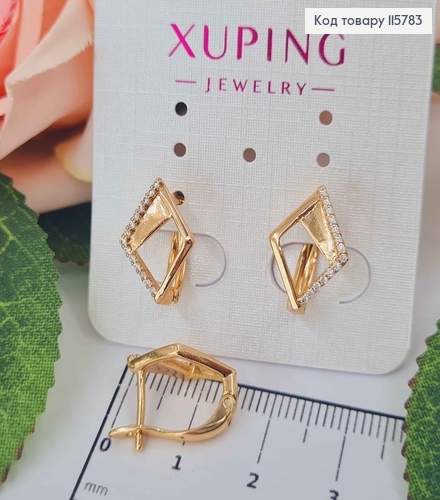 Серьги Ромбики, со вставкой и строчкой камешков, 1,5см, англ. зам. Xuping 18K 115783 фото 1