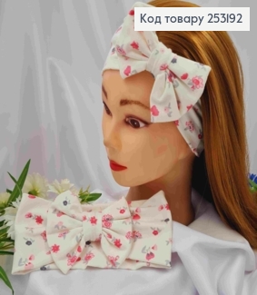 Повязка Бант детская, трикотаж, принт Розовые цветки, 18*8см, ручная работа, Украина. 253192 фото