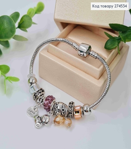 Браслет "ПАНДОРА", шармик с Розовым камнем + (Love/Мишка/Бусины), серебряного цвета, бижутерия 274534 фото 1