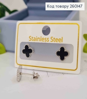 Серьги гвоздики, серебряного цвета, с черной эмалью, "Van Cleef", 9мм, сталь Stainless Steel 260147 фото