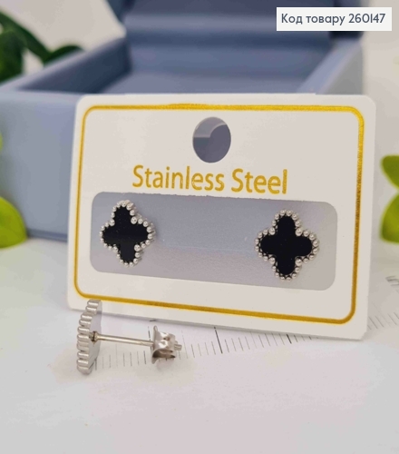 Серьги гвоздики, серебряного цвета, с черной эмалью, "Van Cleef", 9мм, сталь Stainless Steel 260147 фото 1
