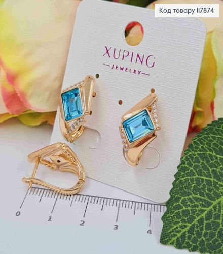 Серьги "АннеТ" с Голубым камнем сваровски, длина 2см, англ застежка, Xuping 18K 117874 фото 1