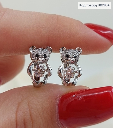 Сережки родированые "Мишка" с подвижным камнем (англ.застежка), 1,3*0,8см, Xuping 180904 фото 1