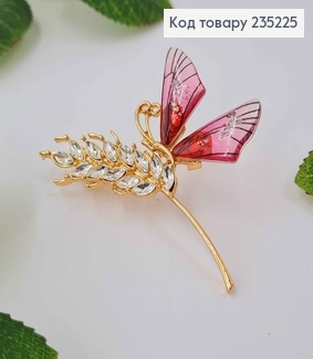 Брошь металл, Бабочка с розовыми крыльями, на Колоске в камешках, 6,5см 235225 фото