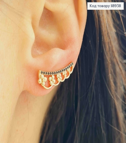 Серьги крючки с черными камешками и цветами, 2,1см, Xuping 18K 118938 фото 1