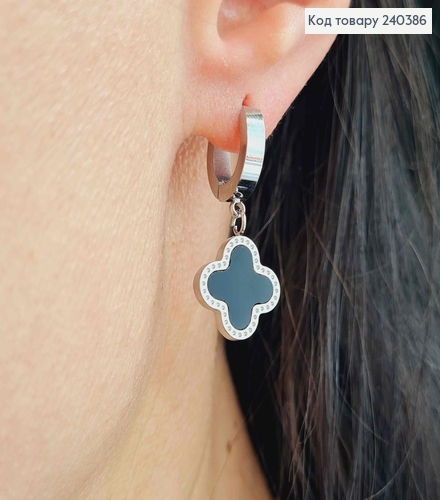 Серьги кольца, серебряного цвета, с черной эмалью, "Van Cleef", 1,6см, сталь Stainless Steel 240386 фото 3