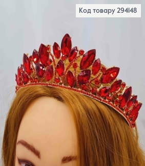 Діадема "Розкішна" прикрашена Червоними камінцями, в золотому кольорі, 5,5см найвища точка 294148 фото