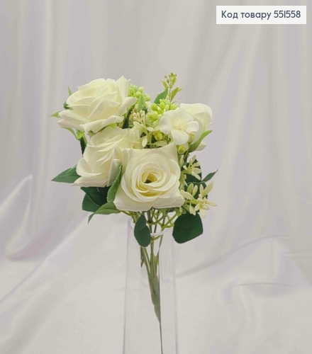 Искусственная композиция Розы, БЕЛОГО цвета, 7 веточек на металлическом стержне, высота30см 551558 фото 1