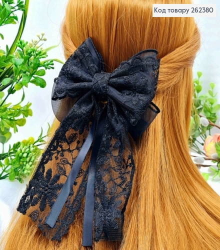 Бант ЧЕРНЫЙ "Ажурный", на заколке 7,5см, ткань кружево, размер 12*17см, ручная работа 262380 фото 1