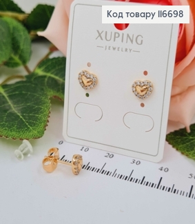 Серьги гвоздики, двойное сердечко, с камешками, 7мм, Xuping 18К 116698 фото