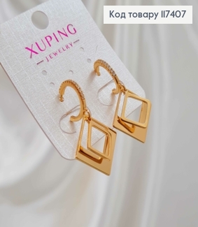 Серьги гвоздики, Неполный круг в камешках с подвеской два квадрата, 1,3+2,2см, XUPING 18K 117407 фото