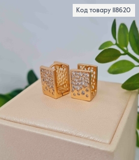 Сережки кільця "Квадратні" прикрашені блискучими камінцями, ширина 1см, довжина 1,2см, Xuping 18К 118620 фото