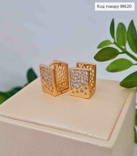 Сережки кільця "Квадратні" прикрашені блискучими камінцями, ширина 1см, довжина 1,2см, Xuping 18К 118620 фото 1