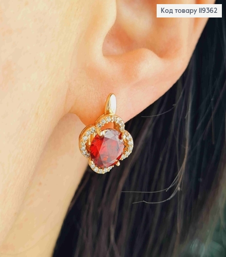Серьги "Цветок Эдема" с Красным камнем, 1,5см, английская застежка, Xuping 18K 119362 фото 1